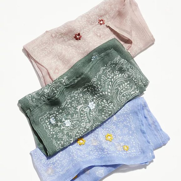 Free People Accessories - Green Flower Embroidered Bandana